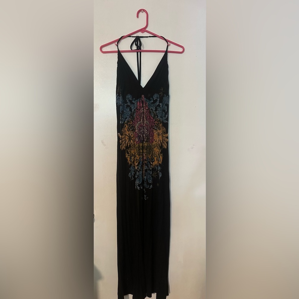 Black Halter Maxi Dress with Multicolor Medallion Print